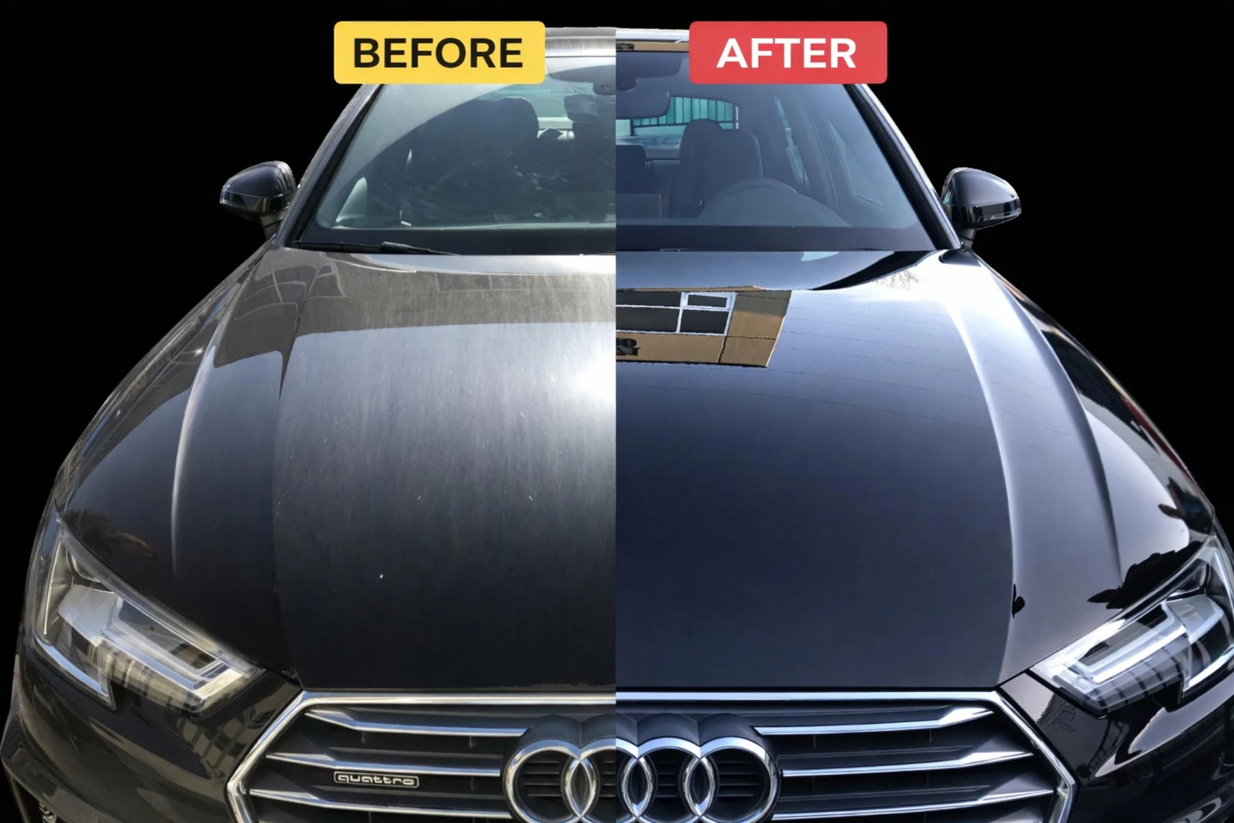 Before and after Audi paint correction showing restored gloss and clarity