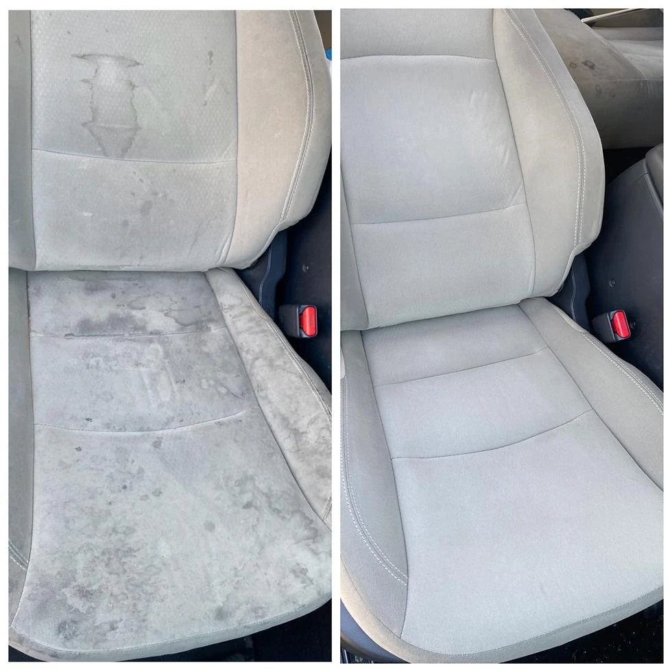 Before and after fabric seat stain removal and detailing