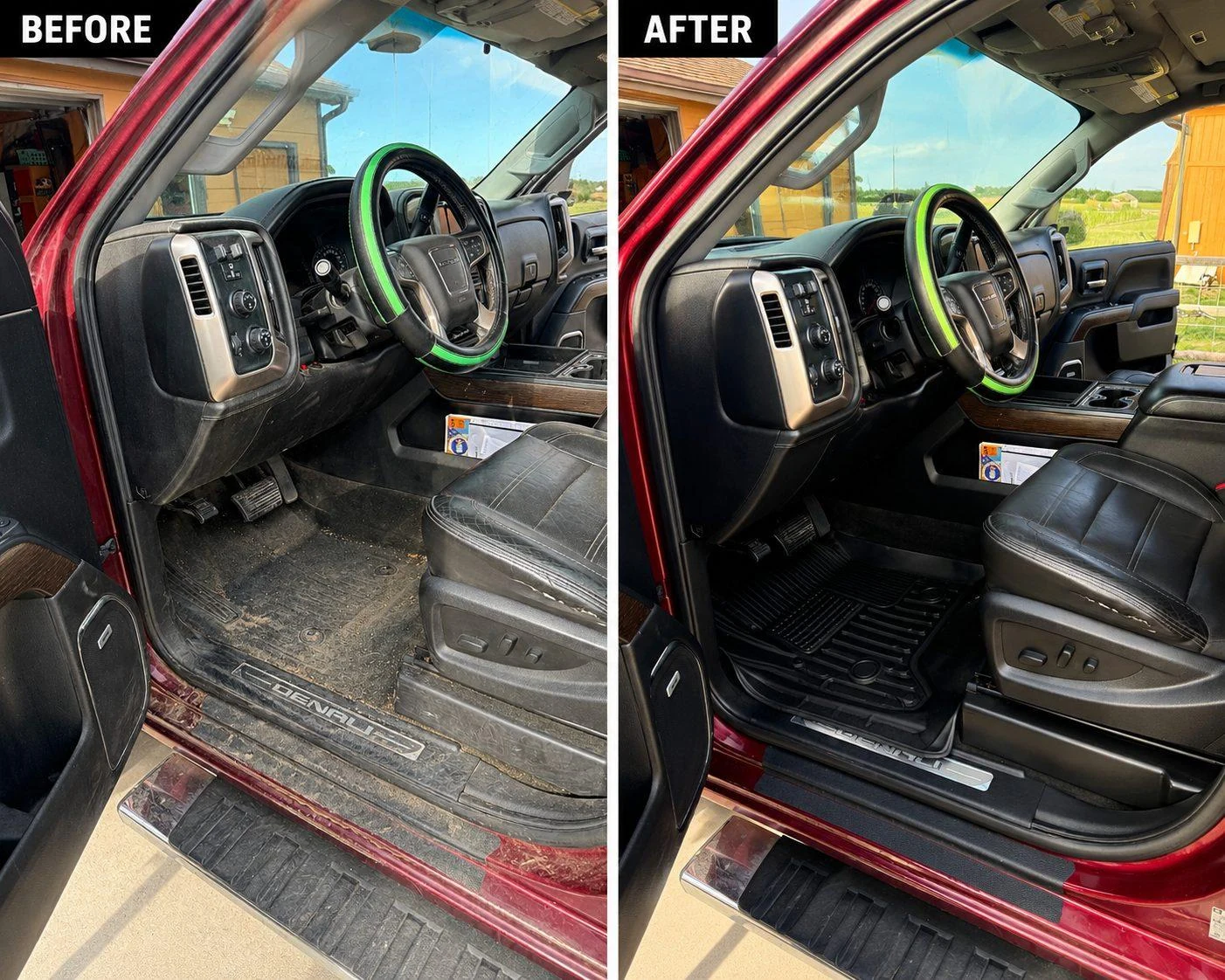 Before and after professional detailing of a GMC truck interior