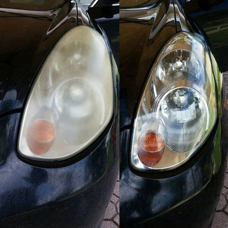 Before and after headlight restoration showing a cloudy lens restored to clear