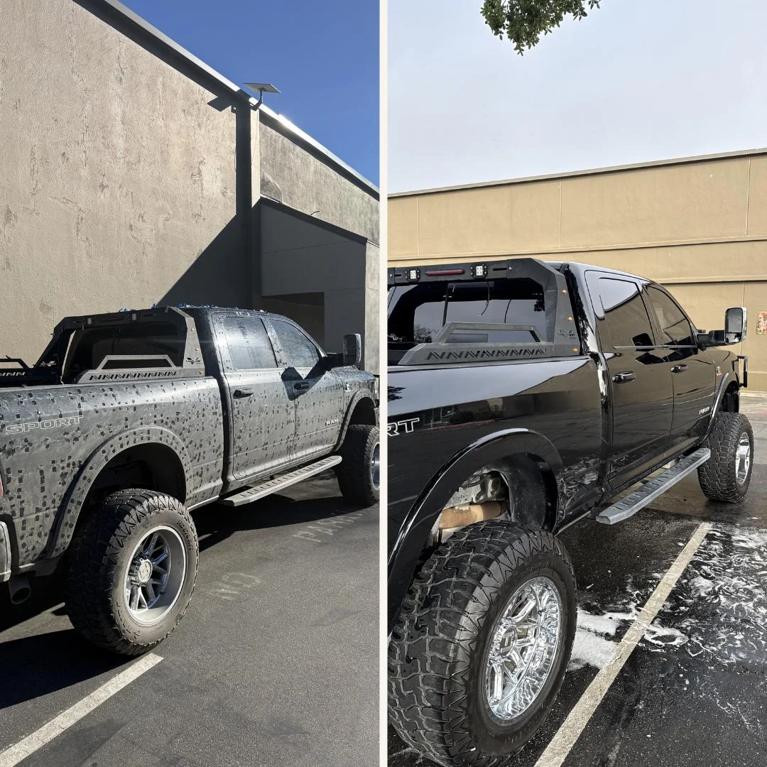 Before and after exterior detailing of a black RAM truck