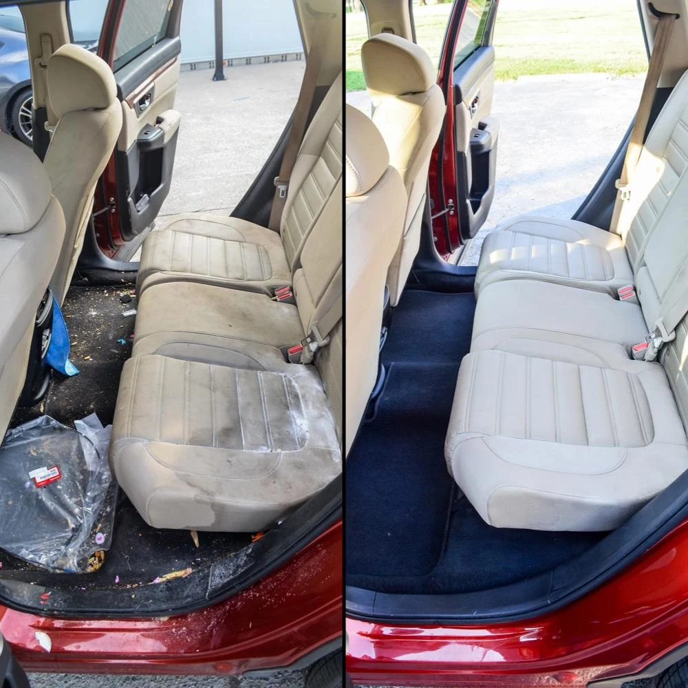 Before and after rear seat interior detailing transformation