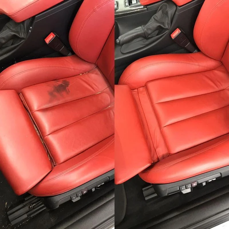 Before and after red leather seat detailing and stain removal